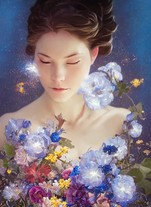 Image similar to portrait of cinderella, flowers, blue spike aura in motion, floating pieces, painted art by tsuyoshi nagano, greg rutkowski, artgerm, alphonse mucha, spike painting