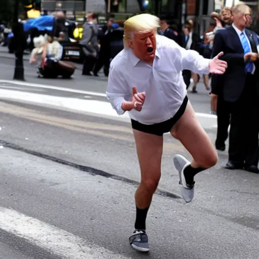 Prompt: photo of donald trump falling in the street without pants, reuter photo,