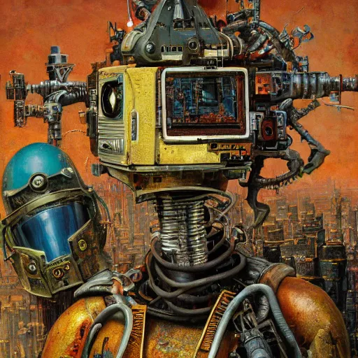 Prompt: junky men writing book, cybertronic gadgets and vr helmet, flesh + technology, durty colours, rotten textures, rusty shapes, biotechnology, norman rockwell, tim hildebrandt, viktor safonkin, dariusz zawadzki, bruce pennington, larry elmore, intricate details, hyperrealistic oil painting on canvas, deep depth field