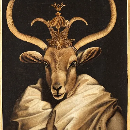 Prompt: renaissance style portrait of an alpine ibex wearing a crown and a cape, dark background