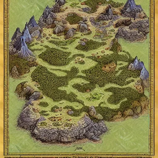 Image similar to an isometric fantasy map, the land of Odrua, uncluttered, bordered by ocean, continent with mountains lakes hills and cities, by brian froud by jrr tolkien in the dungeons and dragons and disney styles