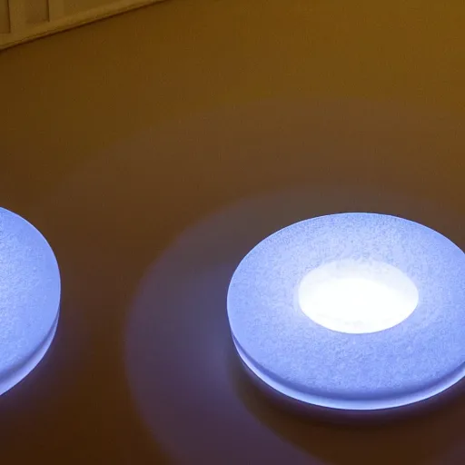 Prompt: a sculpture of three concentric rings made of clear crystal casting caustics on a white table morning light