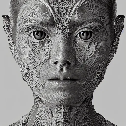 Image similar to beatifull frontal face portrait of a woman, 150mm, anatomical, flesh, flowers, mandelbrot fractal, symmetric, intricate, elegant, highly detailed, ornate, ornament, sculpture, elegant , luxury, beautifully lit, ray trace, octane render in the style of peter Gric and alex grey