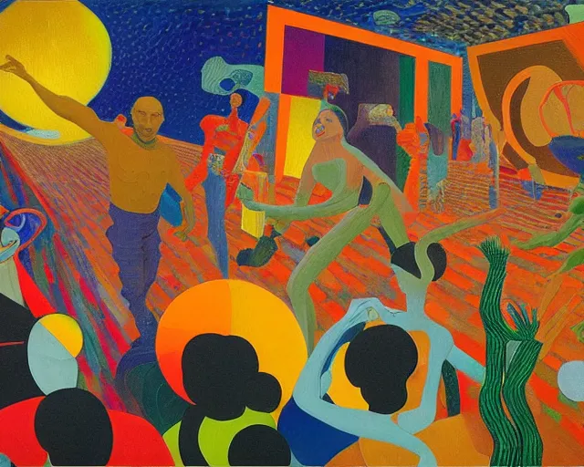 Prompt: a beautiful masterpiece painting of people who dance around ( in a space techno ) and brain and mushroom and pills, oil painting by cuno amiet, andrey remnev, frank stella, james jean, kazimir malevich, pavel filonov, robert rauschenberg, prismatic, glowing, raven black, trending on artstation