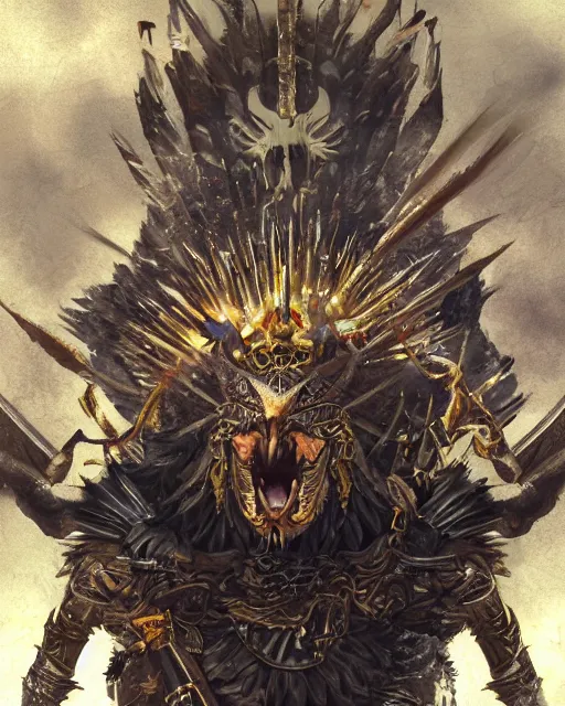 Image similar to Grinning Eagle, Anthropomorphized, as evil warlord general on skull throne, magic the gathering artwork, D&D, fantasy, cinematic lighting, centered, symmetrical, highly detailed, digital painting, artstation, concept art, smooth, sharp focus, illustration, volumetric lighting, epic Composition, 8k, art by Akihiko Yoshida and Greg Rutkowski and Craig Mullins, heroic pose, oil painting, cgsociety, Battlefield background, explosions, arrows