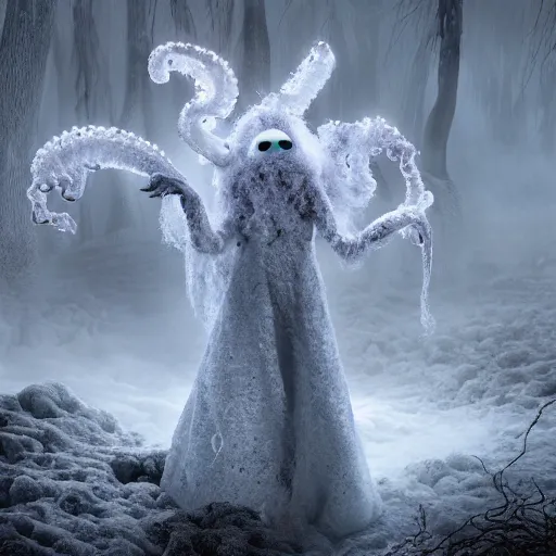 Image similar to an ethereal fantasy fluffy ghost like spooky live action muppet wraith like figure with a squid like parasite latched as its head and four long tentacles for arms that flow gracefully at its sides like a cloak while it floats around a frozen rocky tundra in the snow searching for lost souls and that hides amongst the shadows in the trees, this character has hydrokinesis and electrokinesis is a real muppet by sesame street, photo realistic, real, realistic, felt, stopmotion, photography, sesame street