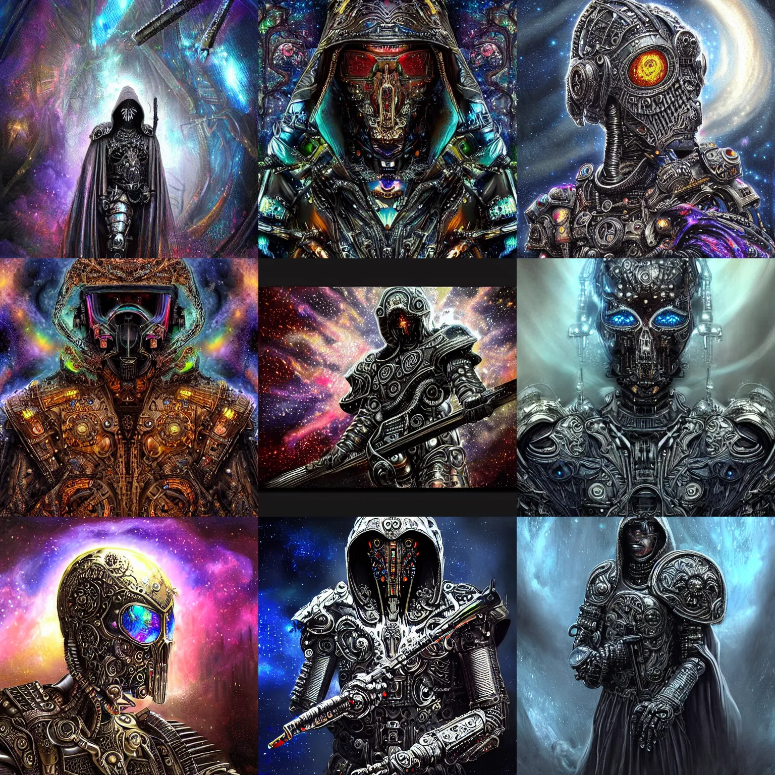 Prompt: Dark gritty realistic highly detailed intricate artistic award winning digital oil painting featuring the iridescent ornate cloaked hooded warrior partially cybernetic entity god of future technology brandishing cosmic smoking iridescent weaponry, intricate, ornate, gothic, black armor with hints of rainbow, smooth oil painting, muted realistic colors, epic megastructure space scene background, super intricate, galactic, moody colors, realistic, real colors, moody, ominous, dangerous aura, microchips, crystallic, iridescent, lasers, gems, multicolored glints, precious elements, beautiful, detailed, concept art, render, unreal engine, 4K, artstation