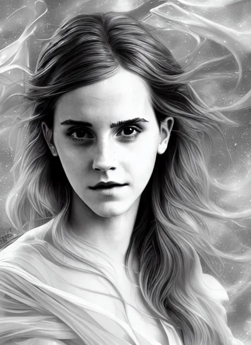 Prompt: emma watson as dark magic celestial, long hair, white and transparent cloth, space, D&D, shiny background, intricate, elegant, highly detailed, digital painting, artstation, concept art, smooth, sharp focus, illustration, artgerm, bouguereau
