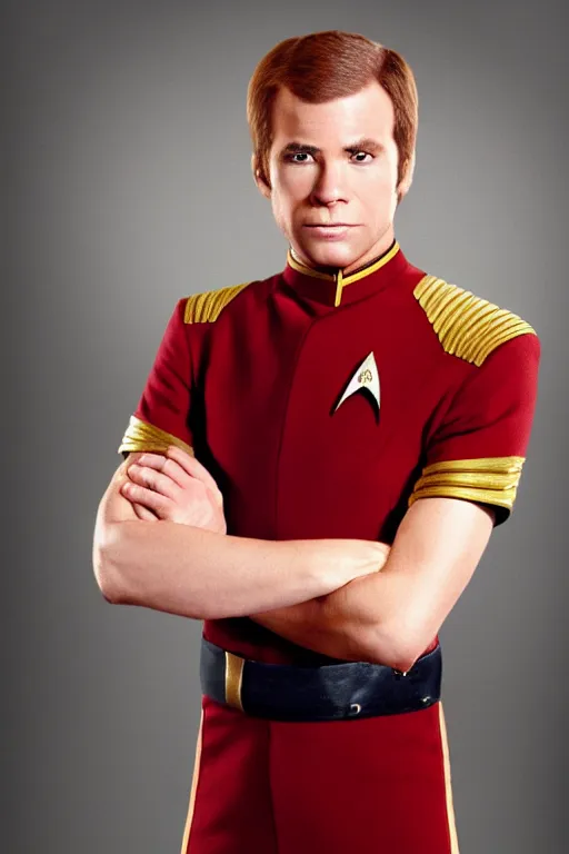 Prompt: full body digital portrait of scrawny captain james t kirk, starfleet uniform, star trek, malnourished, sensual, smooth, elegant, sharp focus, highly detailed