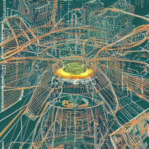 Image similar to hyper detailed aerial top down comic illustration of a man eaten by a machine in the centre of the composition, encircled by cybernetic gateways, by peter doig, very detailed, 4k, highly detailed