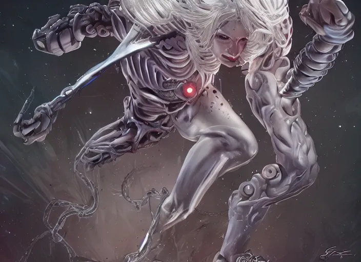 Image similar to comic art,Sprial, a gorgeous beautiful female six-armed Mutant and Cyborg Sorcerer with white hair long legs standing at a dimensional gateway,full character design,8k,art by Stanley Artgermm,Travis Charest,trending on Artstation,face enhance,hyper detailed,full of colour,cinematic,dynamic lighting