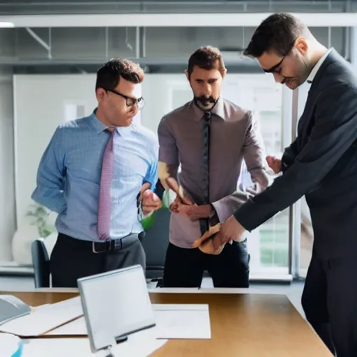 Prompt: Adult man in an office having his boss help with tying his shoes