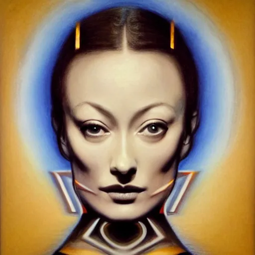 Prompt: Olivia Wilde, pencil drawing. El Greco, Remedios Varo, Salvador Dali, Carl Gustav Carus, John Atkinson Grimshaw. Blue tint. Symetrical, logo, geometric shapes.