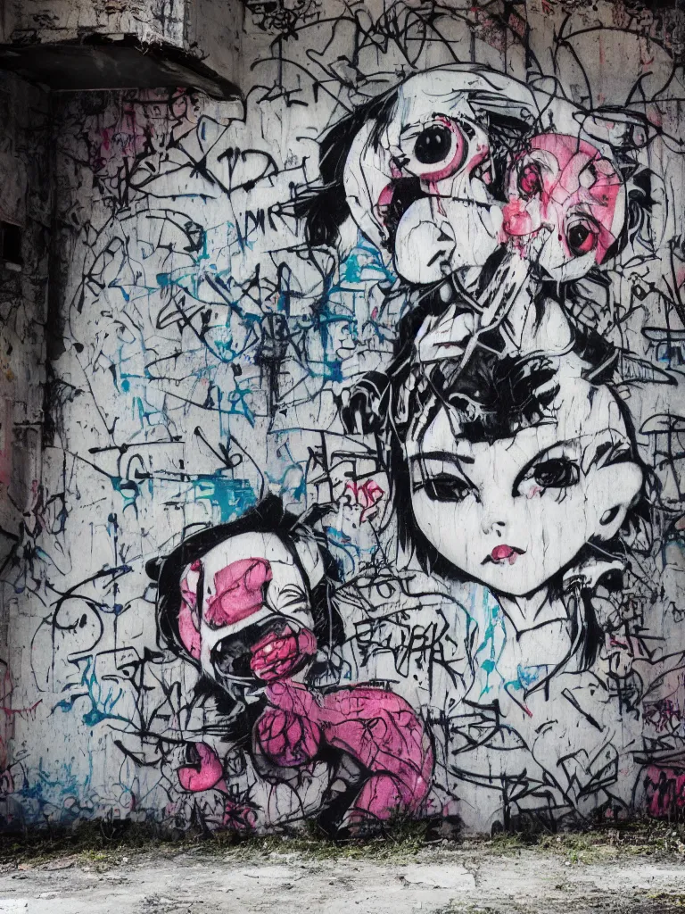 Image similar to graffiti in an abandoned overgrown warehouse, cute fumo plush gothic black enigmatic maiden girl painted in spilt ink and washed watercolor, avant garde pop art, captured on canon eos r 6