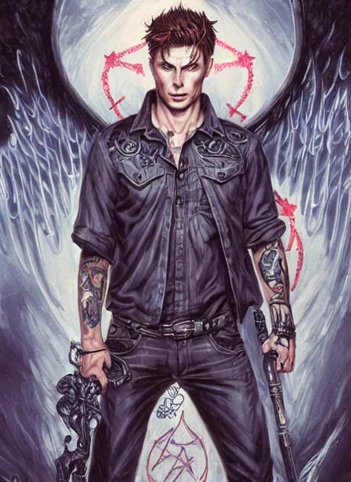 Image similar to Dean Winchester as an angel with religious tattoos on chest and neck, with glowing runes on the body, grimdark book cover style, D&D dark fantasy style, sharp focus, ultra detailed, art by Artgerm and Peter Andrew Jones, Ayami Kojima, Amano and Olivier Ledroit