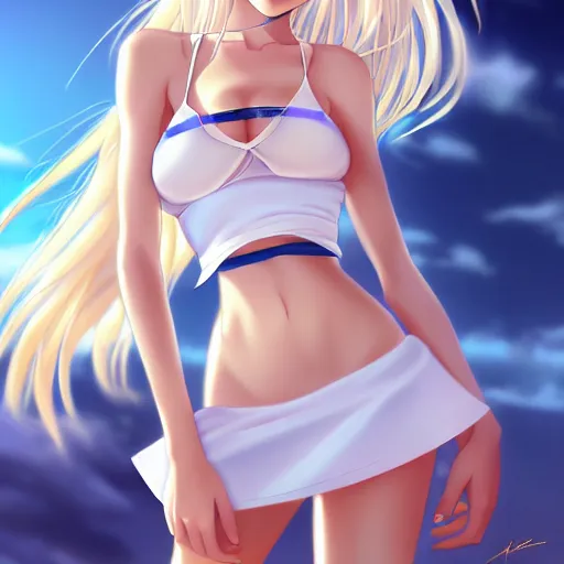 Prompt: tiny father a tall daughter picture : a very beautiful young blond anime girl, sky blue eyes, bikini, white miniskirt, highly detailed, cinematic wallpaper by stanley artgerm lau h 6 0 0
