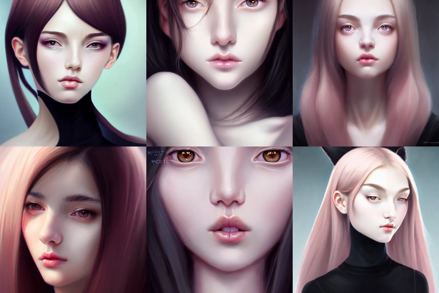Prompt: portrait of a beautiful elgant young adult with a heart shaped face, pale ivory skin, downturned hazel eyes, button nose, thin light pink lips, natural straight eyebrows, long thin black hair, intricate facial features, anime, fantasy, digital painting, trending on artstation, deviant art, by wlop