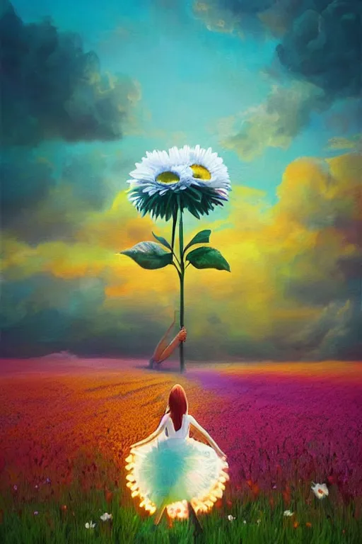 Image similar to giant daisy flower as head, girl dancing in a flower field, surreal photography, sunrise, dramatic light, impressionist painting, colorful clouds, digital painting, artstation, simon stalenhag