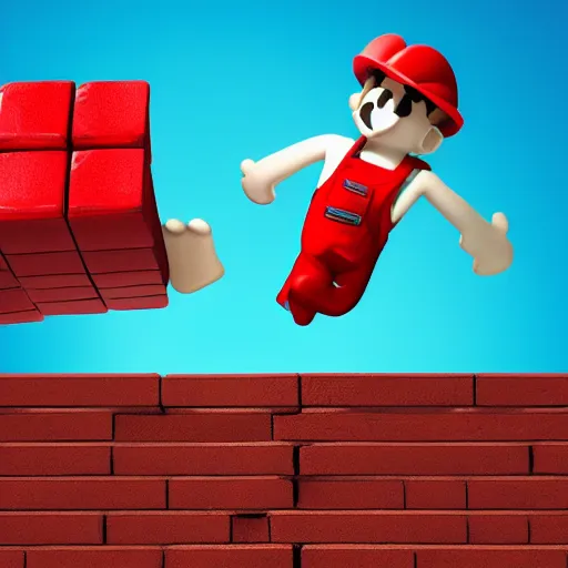 Image similar to plumber with a mustache, red overalls, jumping to hit a brick cube floating above the ground