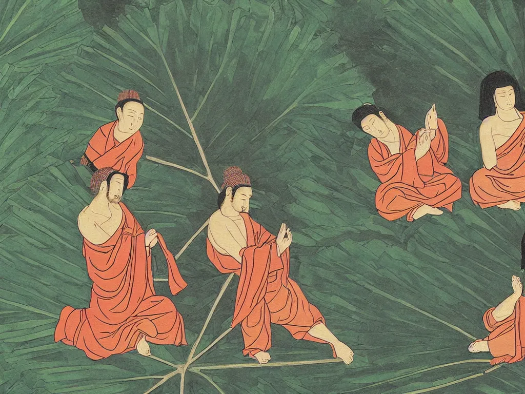 Image similar to Jesus and Buddha are taking cover from the rain under a giant palm leaf. Japanese Zen painting