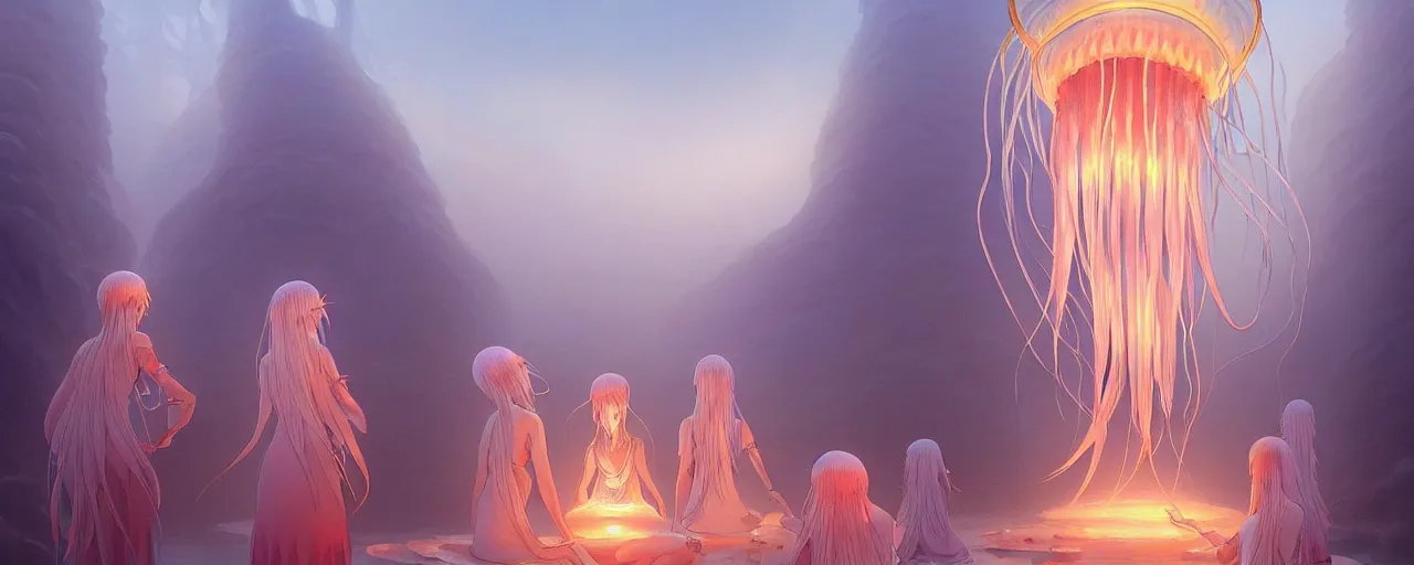 Prompt: A painting of priestesses worshipping at the jellyfish temple, shrouded in mist, jellyfish god, 8K, illustration, art by artgerm and Makoto Shinkai and Hitoshi Ashinano, smoke, cinematic, insanely detailed and intricate, hypermaximalist, elegant, super detailed, award-winning, puce and vermillion, mysterious, ancient, ritual, ethereal, trending in cgsociety, artstation HQ, ornate, elite, haunting, matte painting