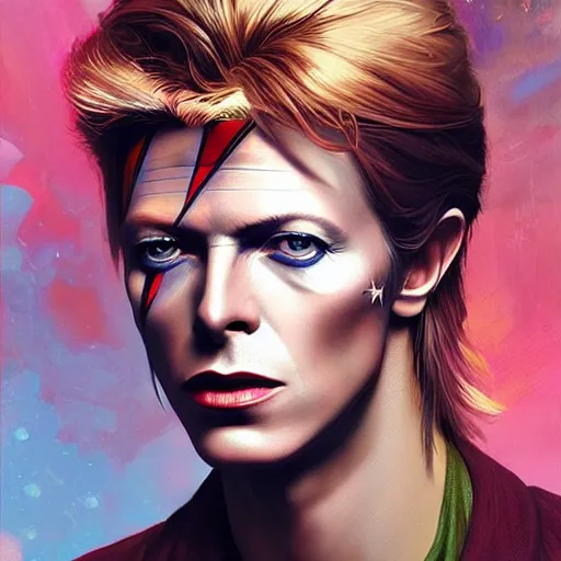 Image similar to young David Bowie, artists portrait, fantasy, highly detailed, digital painting, Abstract colours, concept art, sharp focus, depth of field blur, illustration, art by artgerm and greg rutkowski and alphonse mucha