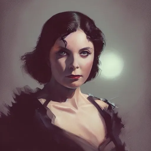 Image similar to portrait of a young vivian leigh, dramatic lighting, city background, night, moon, chiaroscuro, high detail, sharp, painted by greg rutkowski, painted by igor kieryluk, painted by bobby chiu, trending on artstation