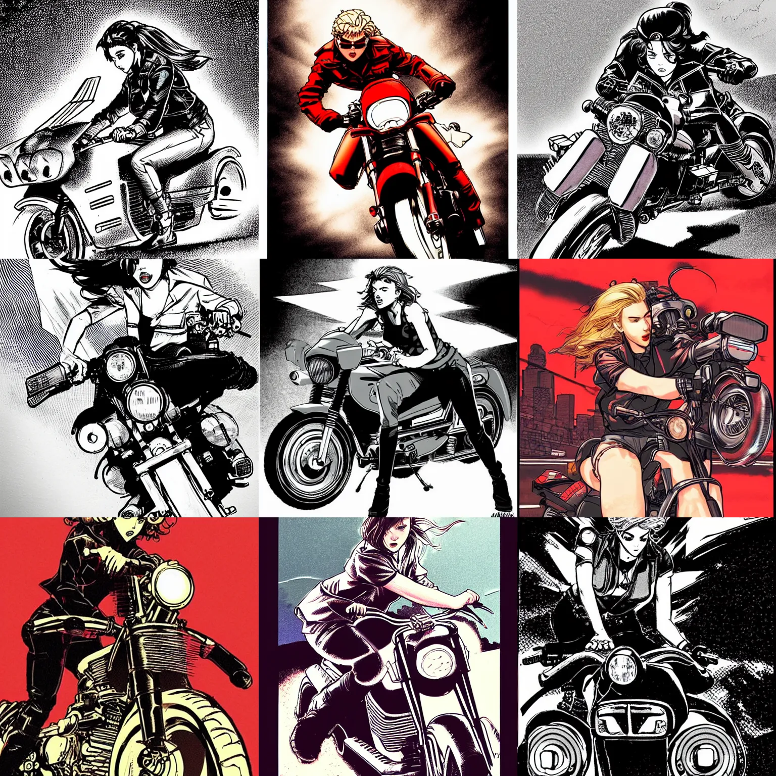 Prompt: angry scarlett johansson riding motorbike, katsuhiro otomo manga style, dramatic lighting,