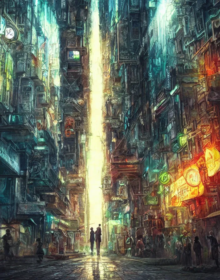 Image similar to god walking the streets of subway city, masterpiece, perfect composition, hyperrealistic, intricate oil pastel glow, dynamic lighting, photorealistic, fantasy concept art, ambient lighting, atmospheric moss, stunning visuals, creative, cinematic, ultra detailed, trending on art station