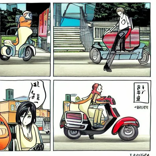 Image similar to a drawing of a man and a woman riding a scooter, a comic book panel by hiromu arakawa, featured on pixiv, tachisme, rtx, anime, art