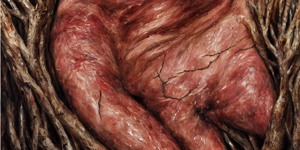 Prompt: details of growing flesh and skin, meat and bark, skin texture details, painitng, wrinkles and muscle tissues, branches, wound, oil on canvas, 4k, 8K, photorealistic, soft spot light, cinematic lighting, sharp focus, contrasting, hyperrealistic painting