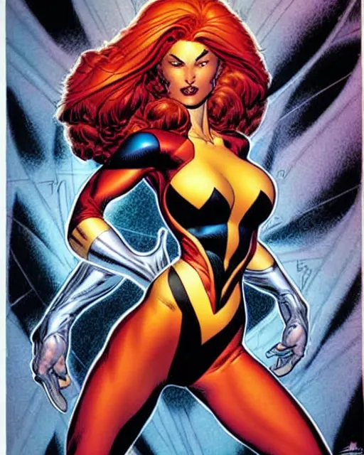Prompt: michael golden and j. scott campbell comic cover art, full body jean grey phoenix, perfectly symmetrical facial features, tight fit, rim lighting, vivid colors, j. bill sienkiewicz