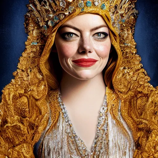 Image similar to A portrait of Emma Stone wearing a golden Arabian crown , royality, high quality, fully detailed, 4k