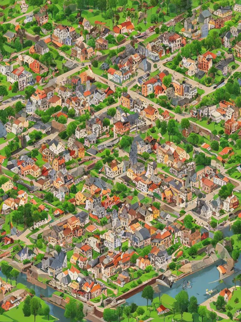 Image similar to an detailed isometric illustration of a european village by nils - petter ekwall, aesthetically pleasing and harmonious natural colors