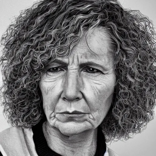 Image similar to Portrait of a sad looking middle aged woman. Blonde curly hair. Detailed face.