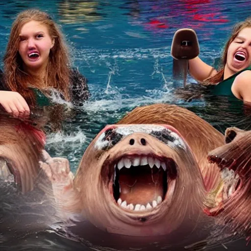 Prompt: three young women having fun on a boat, while a zombie beaver with glowing eyes is swimming beneath them. horror. realistic photo. very detailed.