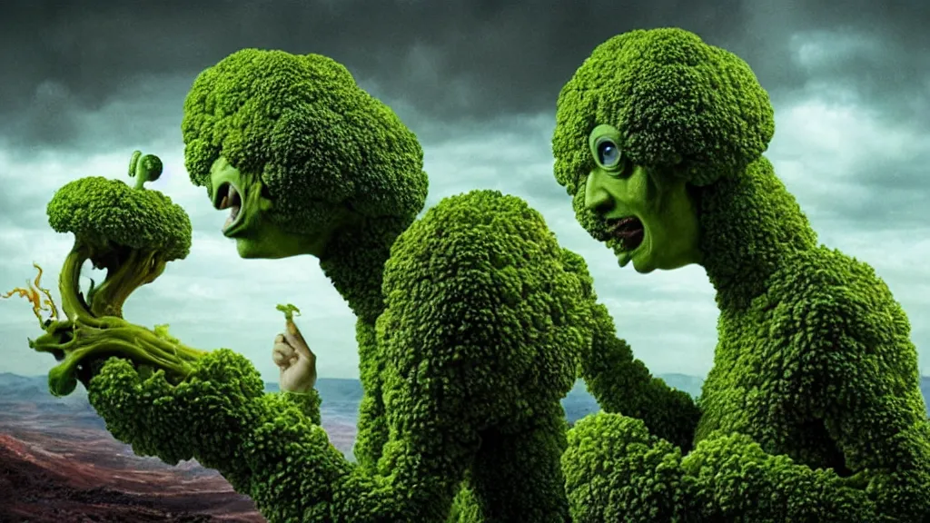 Prompt: the broccoli creature, film still from the movie directed by denis villeneuve and david cronenberg with art direction by salvador dali and karol bak, wide lens