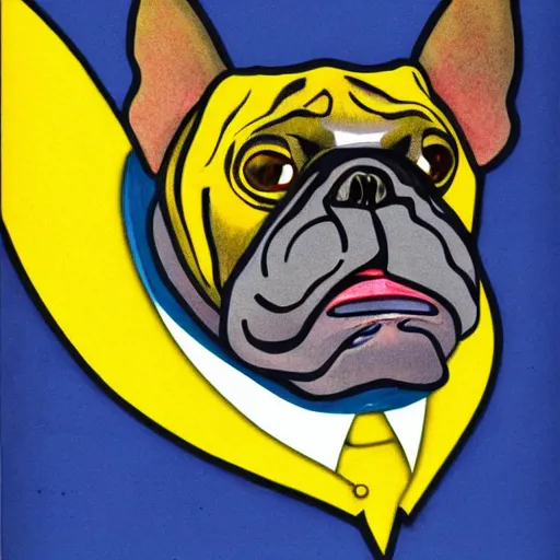 Prompt: art nouveau illustration of bat - eared bulldog - fish creature wearing a suit, portrait, ultramarine blue and azo yellow