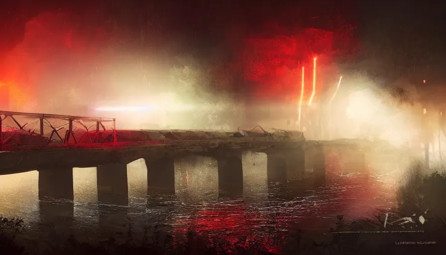 Prompt: a bridge over a river in vietnam, by completely dark black night, yellow and red smoke, forest, white projectors, lens flare, black night, lighting and composition, dark, chiaroscuro, highly detailed concept art matte painting, radiant light, intricate, war, destruction, sharp focus