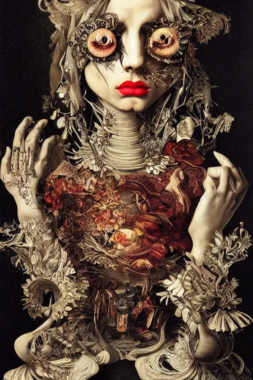 Image similar to Detailed maximalist portrait with large lips and with large, wide eyes, sad expression, extra bones, HD mixed media, 3D collage, highly detailed and intricate, surreal, illustration in the style of Caravaggio, dark art, baroque