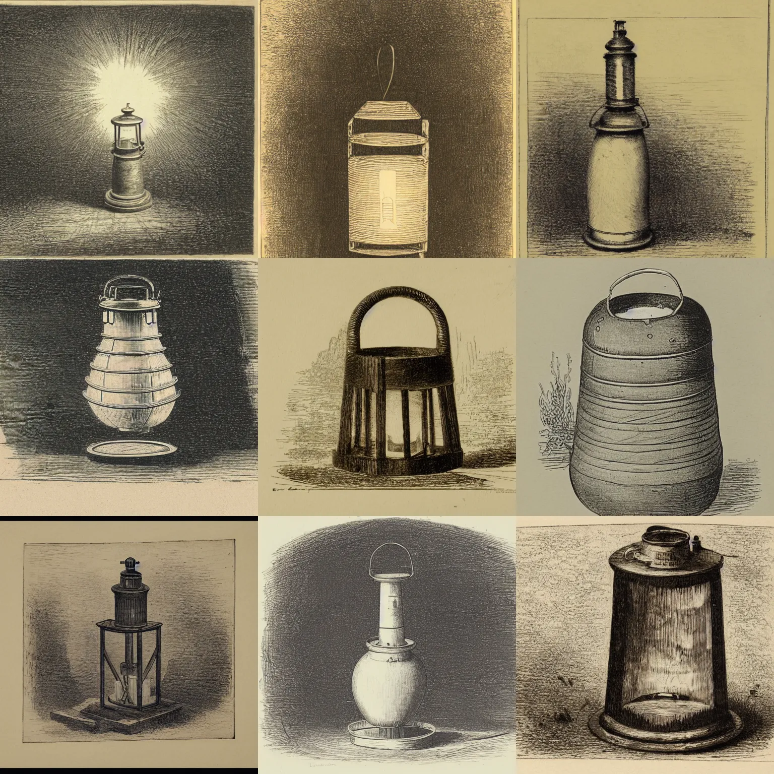 Prompt: sketch of a mine lantern, etching by louis le breton, 1 8 6 9, 1 2 0 0 dpi scan