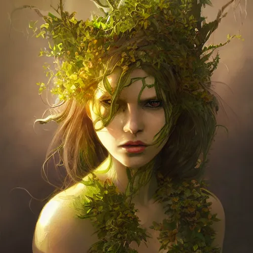 Image similar to nott as a dryad, her skin are yellow leaves portrait, highly detailed, headshot, digital painting, trending on artstation, concept art, sharp focus, illustration, art by artgerm and greg rutkowski and magali villeneuve