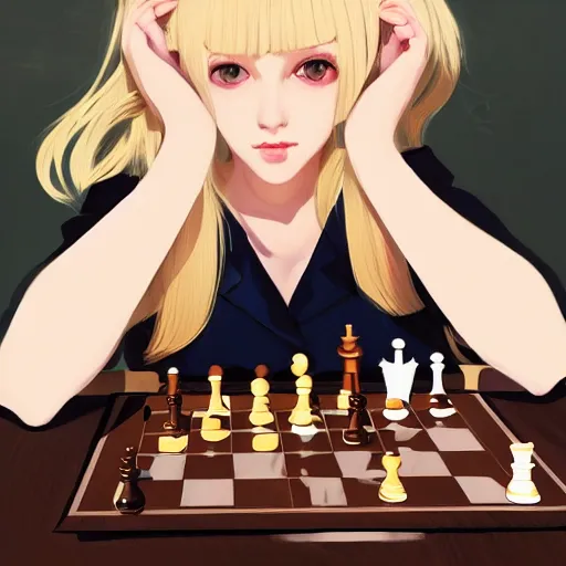Prompt: portrait by ilya kuvshinov of a beautiful blonde girl playing chess at a table, slight smile, symmetrical face, trending on pixiv, fhd, detailed, subdued color palette