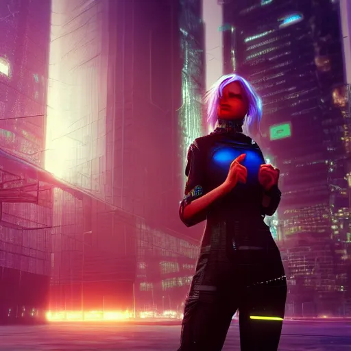 Image similar to the cyberpunk girl in downtown future city, render, octane, 4k, highly detailed, vivid colors, high definition