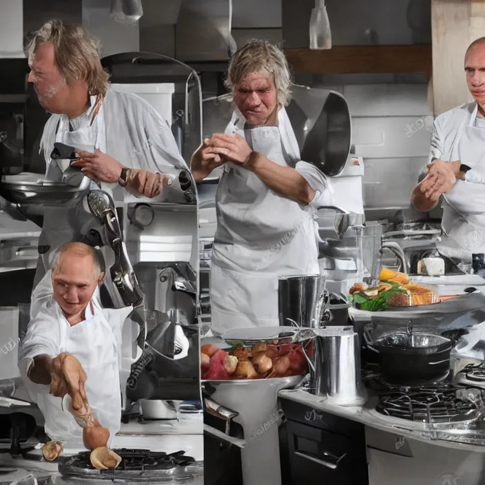 Image similar to vladimir putin and james may in white apron in kitchen cooking dinner. stock photo, photograph