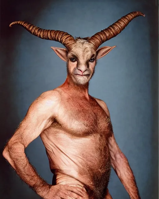 Image similar to actor Sean Connery in Elaborate Pan Satyr Goat Man Makeup and prosthetics designed by Rick Baker, Hyperreal, Head Shots in the style of Annie Leibovitz