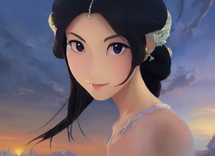 Image similar to full body portrait character concept art, oil painting anime key visual of princess jasmine, studio lighting delicate features finely detailed perfect face directed gaze, at an ancient city, gapmoe yandere grimdark, trending on pixiv fanbox, painted by greg rutkowski makoto shinkai takashi takeuchi studio ghibli