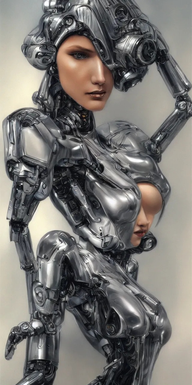 Prompt: beauty Blade Runner woman, robotic, beautiful face, silver hair, cyberpunk, trending on artstation, by Hajime Sorayama and Boris Vallejo