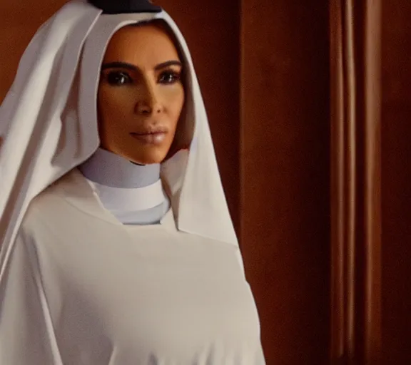 Image similar to a movie still of kim kardashian with a priest as a nun on the alter of a church.