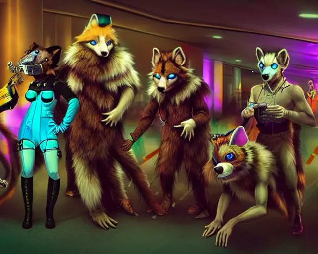 Prompt: high - resolution photograph from a raypunk era furry fandom convention ( midwest furfest 2 0 4 7 ), taking place after the genetic revolution and singularity. photorealistic.